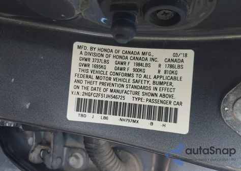 2018 Honda Civic Lx from USA, damaged, VIN 2HGFC2F51JH546725